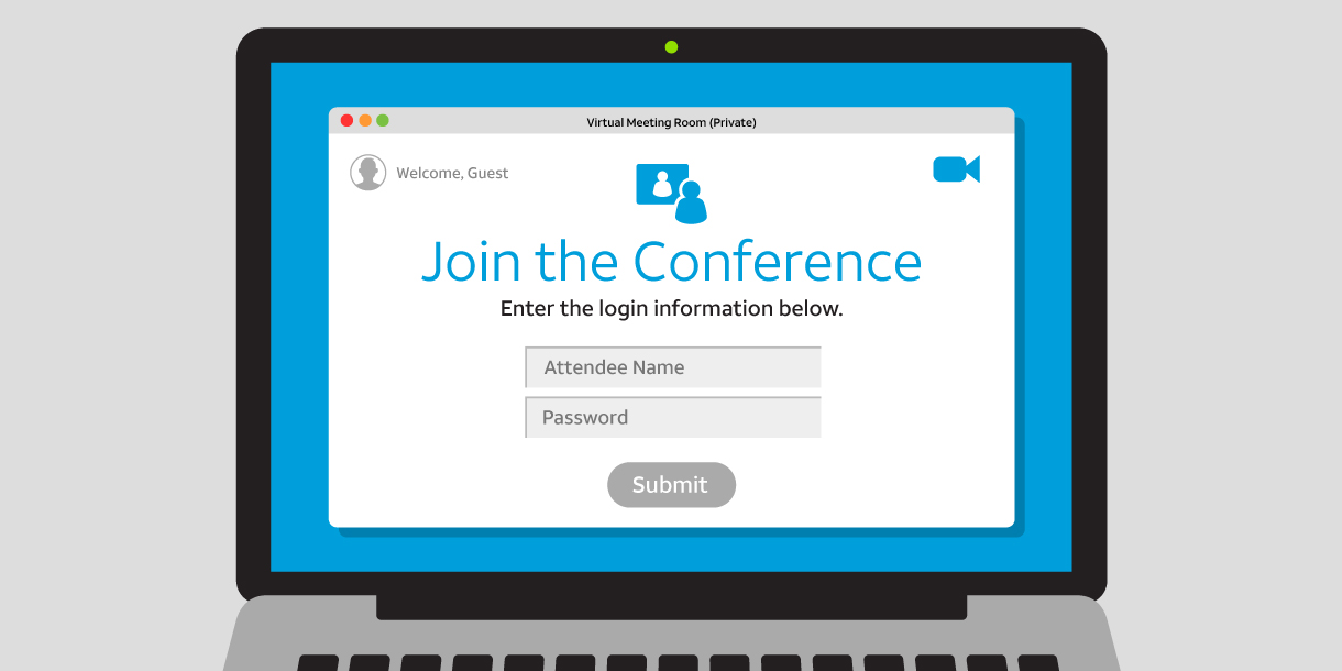 Laptop screen with video chat login that says "Join the Conference" 