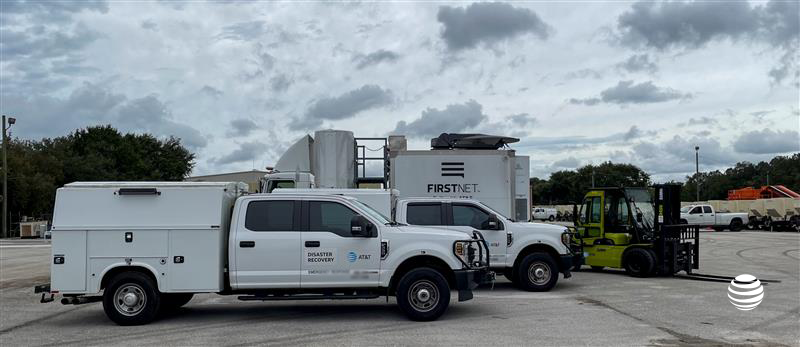 FirstNet SatCOLT (Satellite Cell on Light Truck) and network recovery trucks ready to deploy.