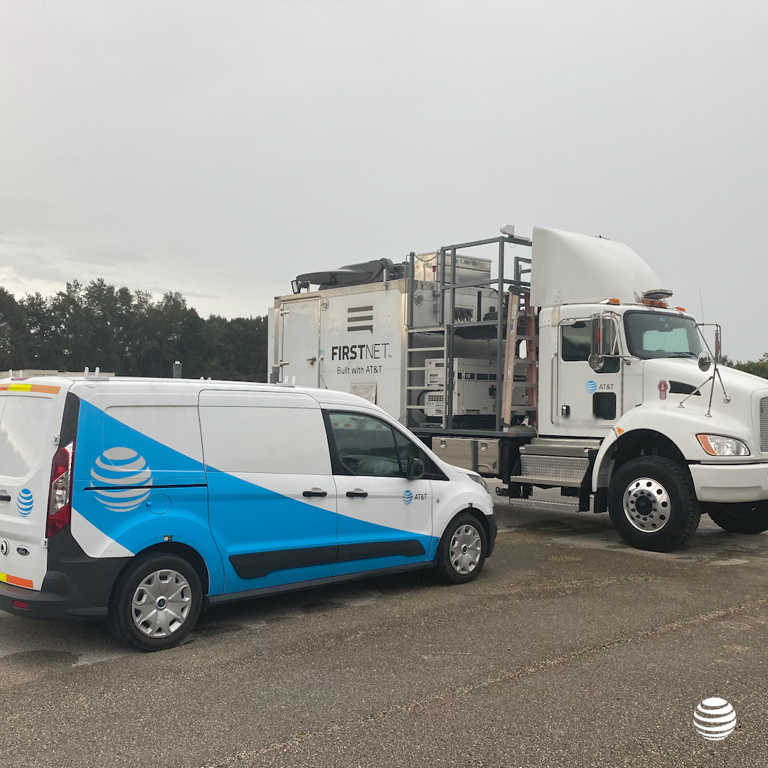 FirstNet SatCOLT (Satellite Cell on Light Truck) and portable cell sites ready to deploy.