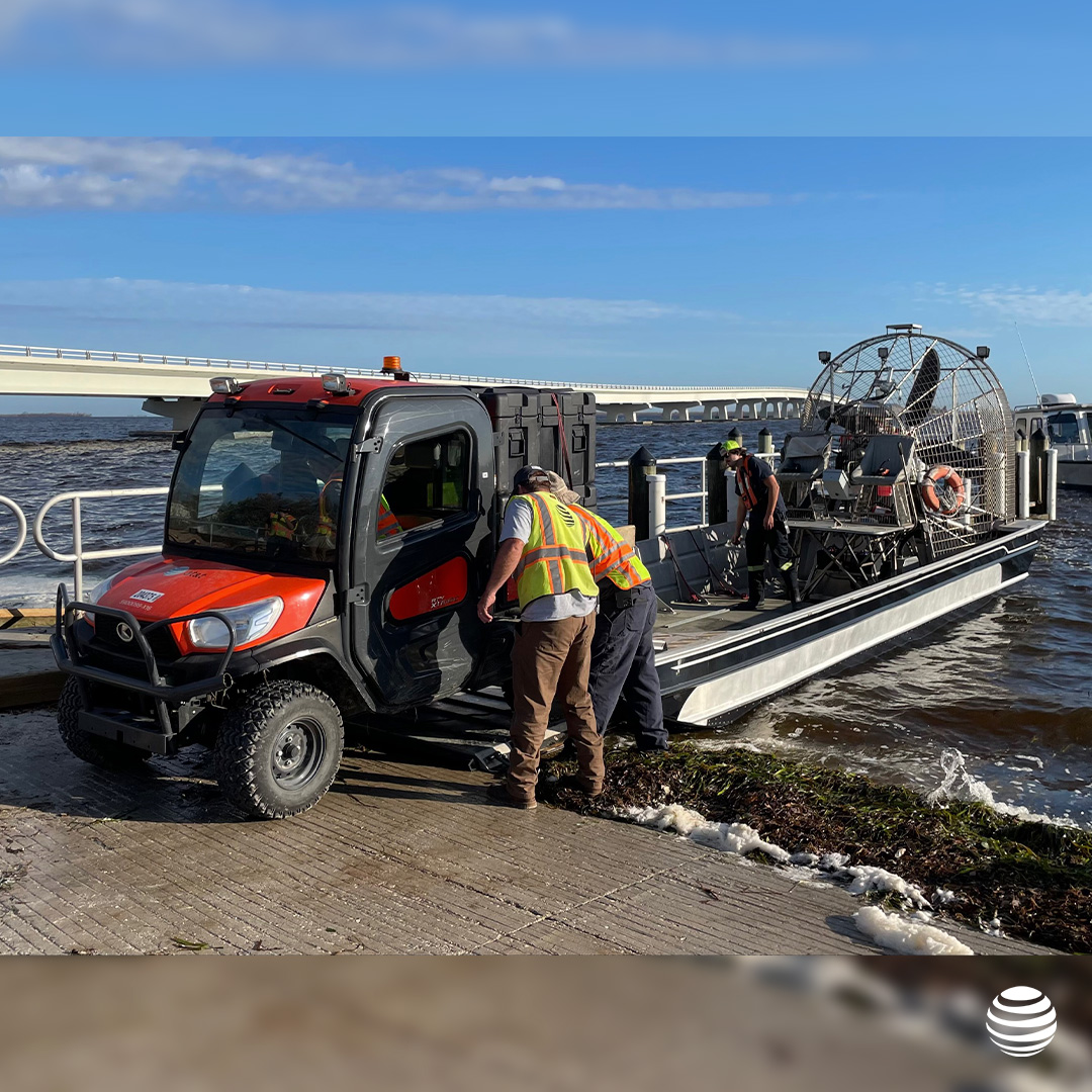 AT&T Network Disaster Recovery and the FirstNet teams unload network equipment on Pine Island.
