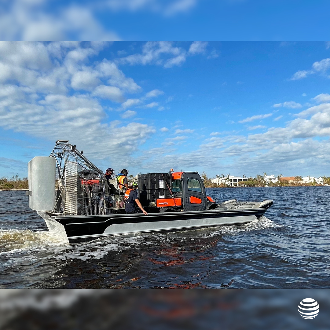 AT&T Network Disaster Recovery and the FirstNet teams transport essential network equipment by barge to Pine Island.