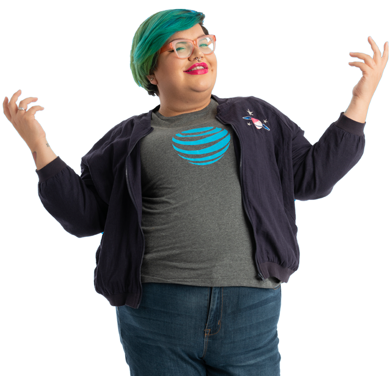 AT&T employee wears AT&T t-shirt and smiles.
