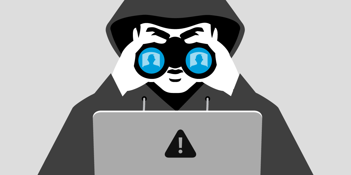 Illustration of someone in a dark hoodie pulled over their head looking through binoculars with a laptio in front of them with an alert icon 