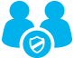 Blue icon of two individuals with a safety shield in the center 