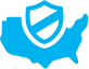 Bright blue icon of a the U.S. with a security icon over the top 