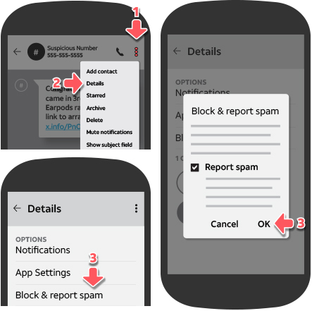 Android phone showing steps to report spam