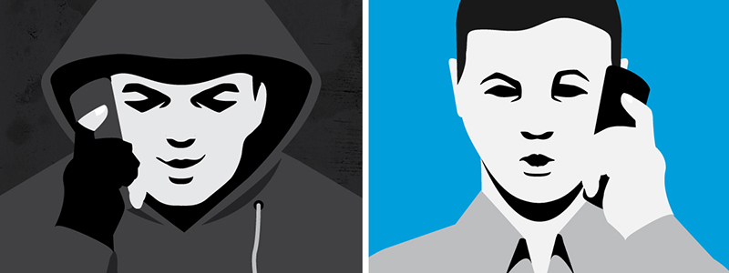 Person wearing a jacket with a hood up and black gloves holding a cell phone over a background next to an image of a confused looking man in a collared shirt talking on a cell phone over a bright blue background 