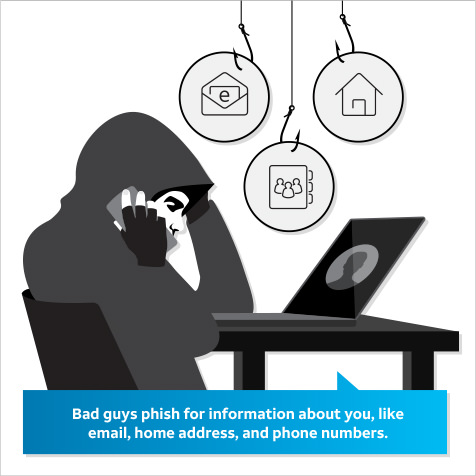 Illustration of person in dark jacket and gloves with finger holes talking on cell phone as they stare at a face outline on a computer screen with icons of money, contacts and their home on hooks over their head 
