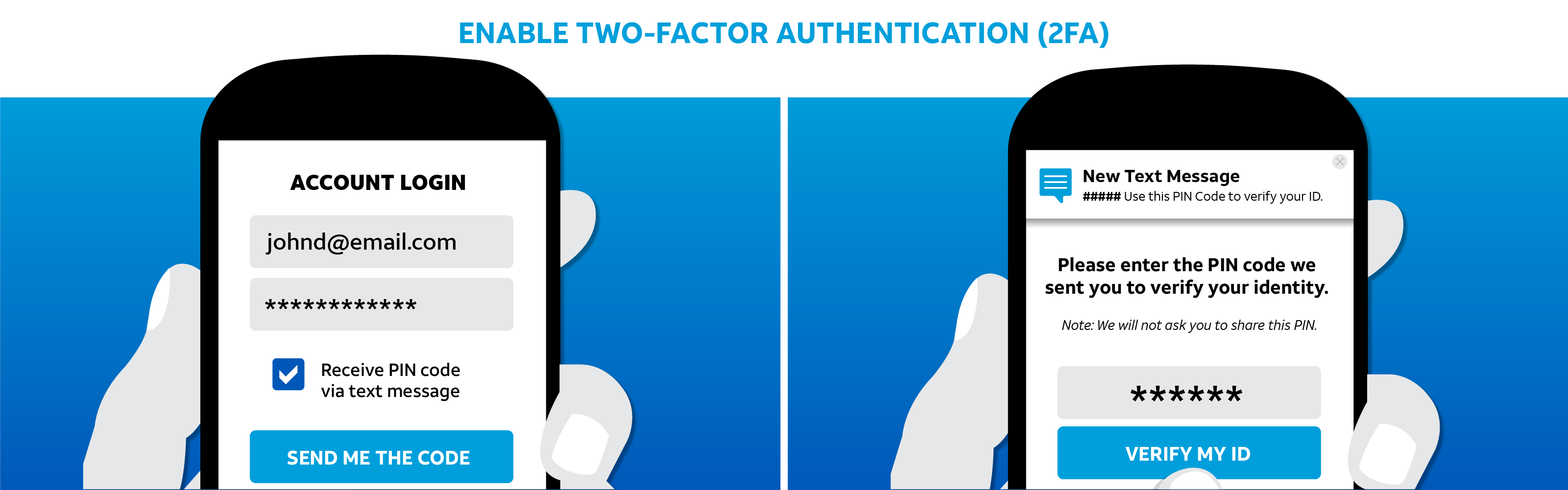Image of two phone screens displaying how to enable two factor authentication
