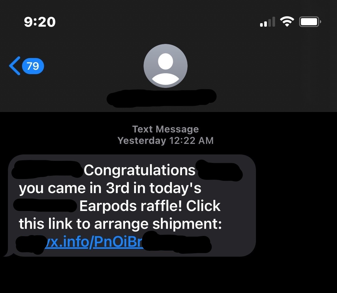 Screenshot of a text message with the text "Congratulations, you came in 3rd in today's Earpod raffle" with a blue link at the bottom
