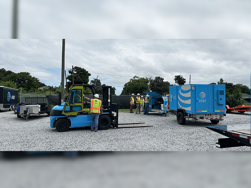 AT&T LCTs (LEO Cell Trailers) staged in the New Orleans area. LCTs can be used to deliver temporary cell service where traditional service is unavailable.