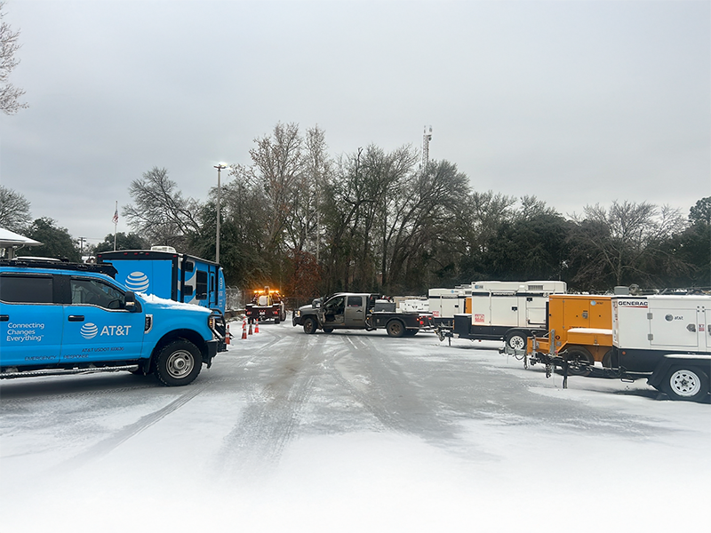 The AT&T Network Disaster Recovery (NDR) team at a staging yard in Longview, Texas.