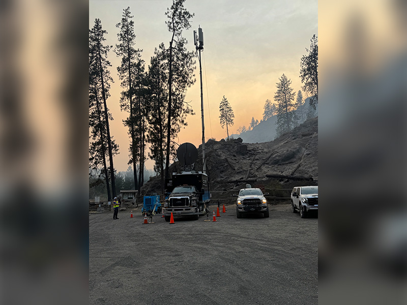FirstNet Satellite Cell on Light Truck (SatCOLT) deployed to support public safety communications for the Autumn Lane Fire in Spokane County, WA