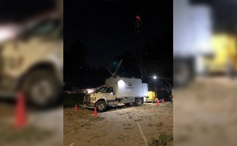 FirstNet Satellite Cell on Light Truck (SatCOLT) provides emergency communications in San Marino, CA at the Eaton Wildfire.