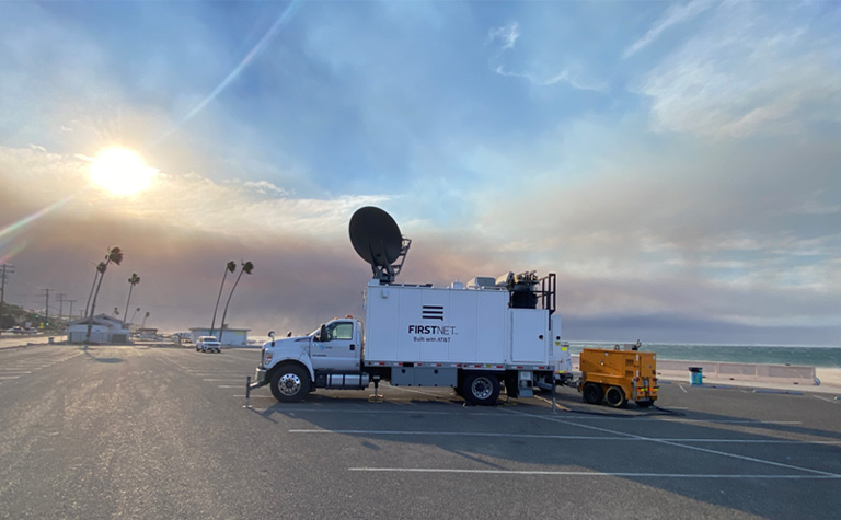 FirstNet Satellite Cell on Light Truck (SatCOLT) provides emergency communications at Palisades Wildfire. 