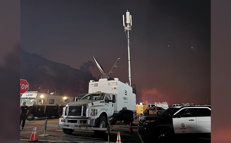 FirstNet Satellite Cell on Light Truck (SatCOLT) provides emergency communications at Palisades Wildfire.