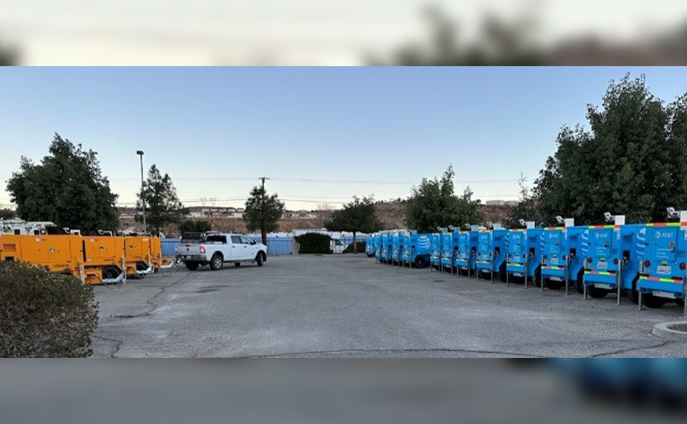 Generators prepared for deployment to support wildfire efforts at a staging yard in California.