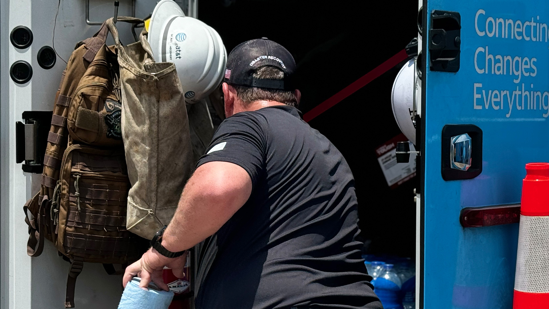 Network Disaster Recovery (NDR) support team member loading response vehicle