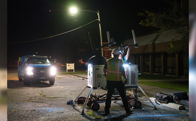 AT&T disaster response team members set up FirstNet Compact Rapid Deployable (CRD) in Wheeler County, GA