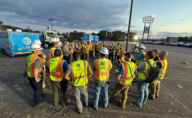 AT&T Network Disaster Recovery (NDR) support team members morning briefing in McIntosh County, GA