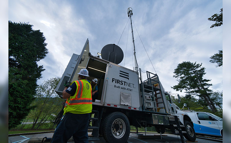 FirstNet Satellite Cell on Light Truck (SatCOLT) provides emergency communications in Asheville, NC.