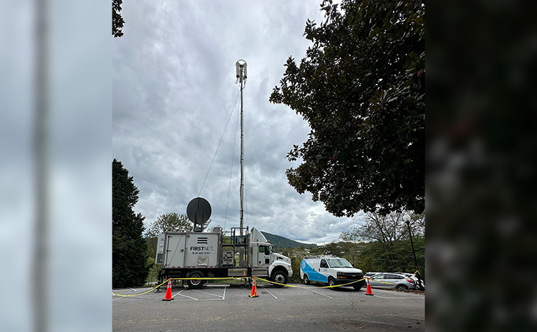 FirstNet Satellite Cell on Light Truck (SatCOLT) provides emergency communications in Asheville, NC.