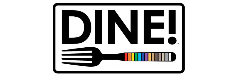 Logo for DINE depicting multicolored fork and the acronym dine