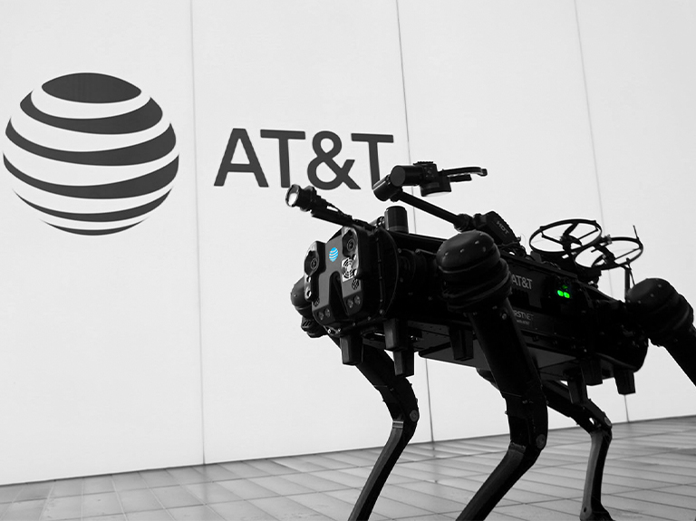 A network-connected robotic dog that AT&T offers to first responders, the military, and companies.