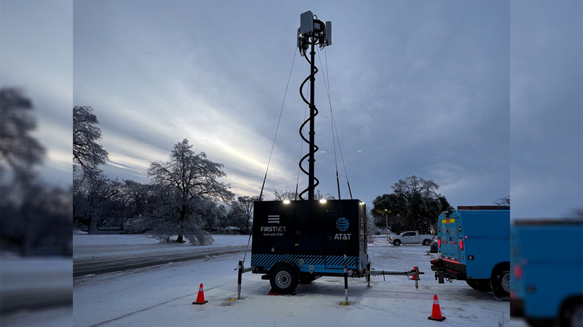 A LEO Cell Trailer (LCT) deployed for Winter Storm Fern to support public safety on FirstNet in Cleveland, Mississippi.