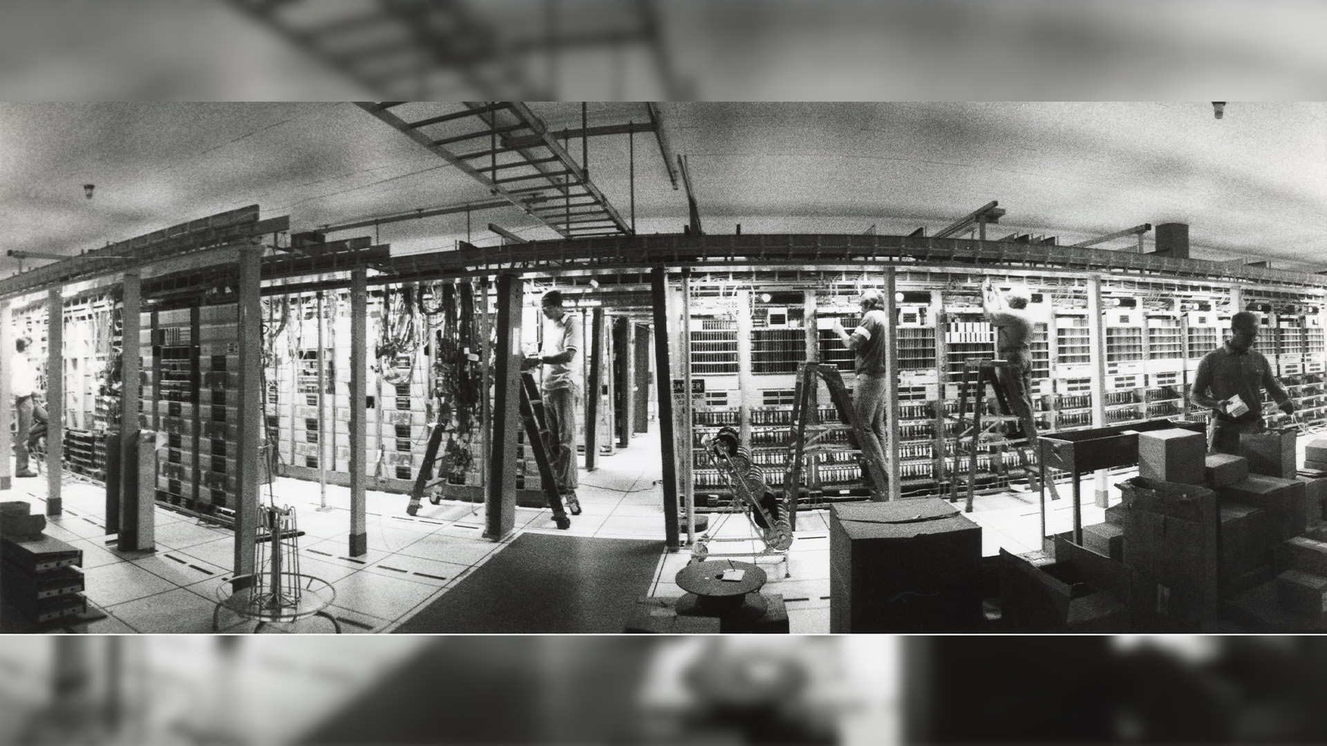 Rows of 4ESS equipment are shown in an AT&T switching office in Chicago in the late 1970s.